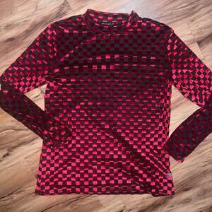 Red Black Checker Velvet Long Sleeve Top Sheer Retro Shirt Large